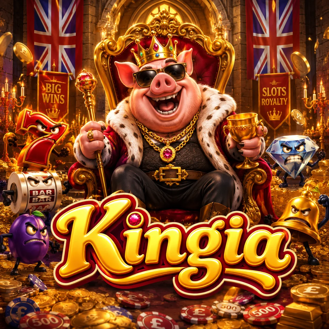 King Kingia on his golden throne surrounded by slot symbols and £ chips